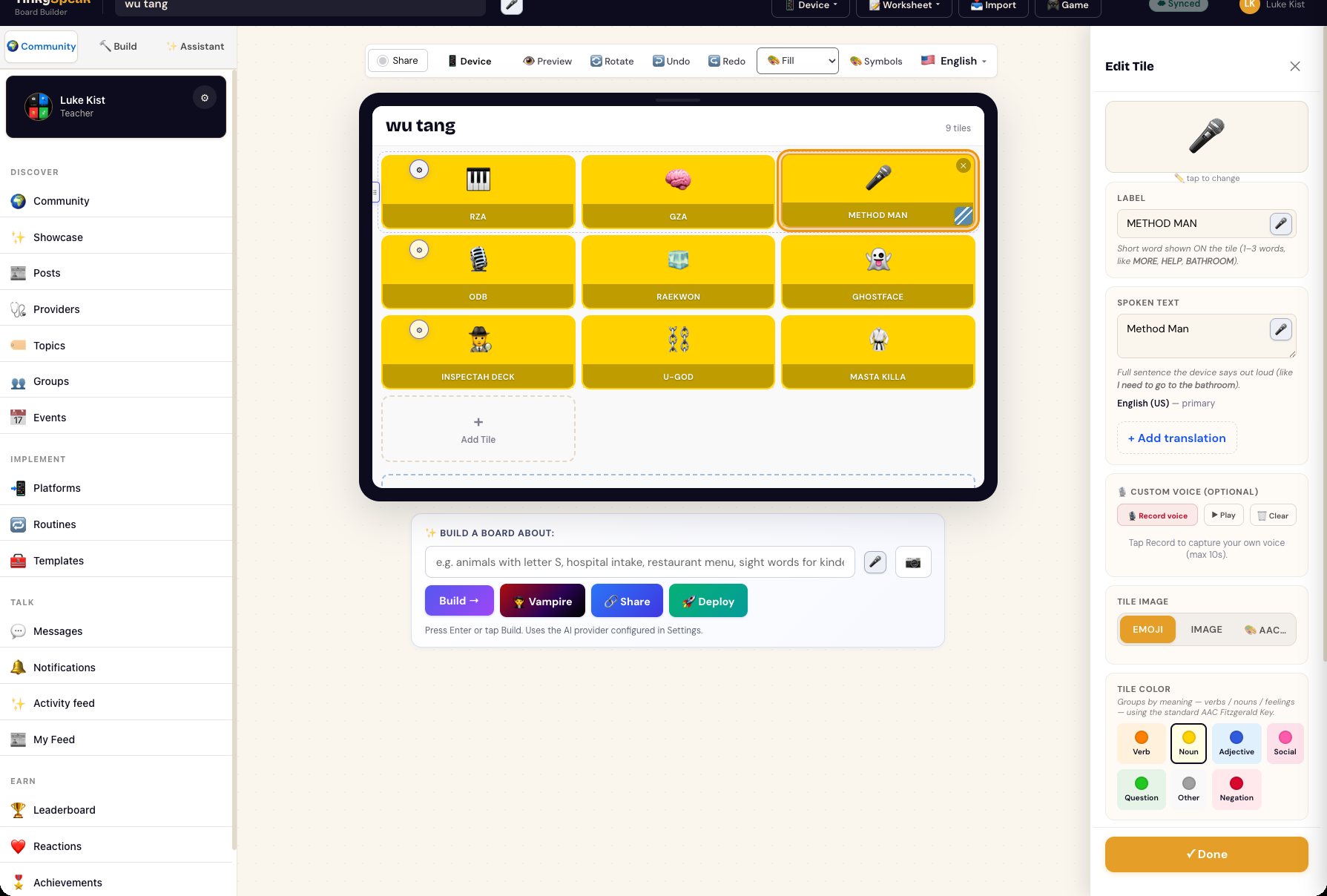 The TinkySpeak Board Builder — a talking board of tiles with the edit panel open, where a tile's label, spoken text, voice, image, and color are set