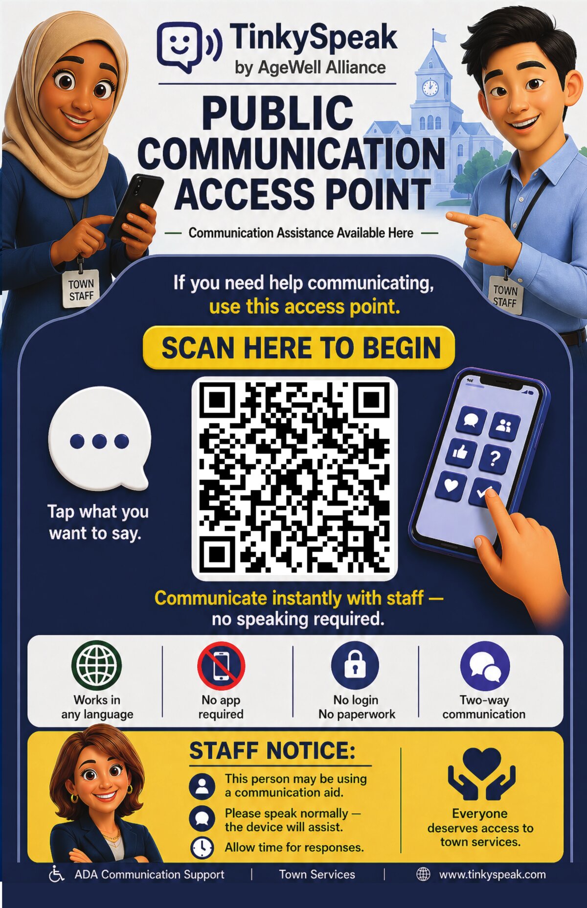 Public Communication Access Point poster — TinkyTown by AgeWell Alliance, deployed at Avon, CT town hall